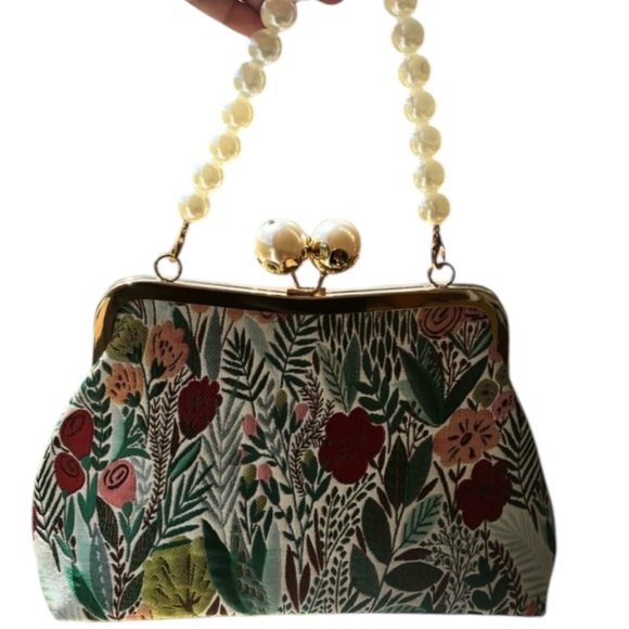 Floral Clutch with Decorative Pearl Strap and Metal Clasp NWOT - Picture 3 of 5